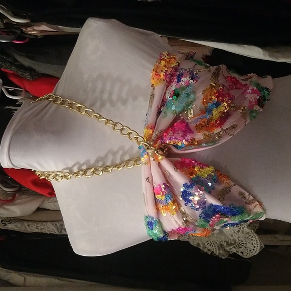 Colorful Sequin Wrap, Scarf top, Chain Halter. - Picture 6 of 8